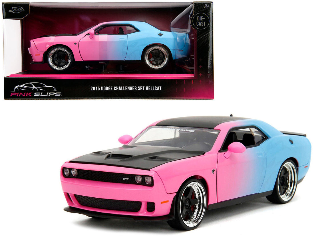 2015 Dodge Challenger SRT Hellcat Pink and Blue Gradient with Matt Black Hood and Top "Pink Slips" Series 1/24 Diecast Model Car by Jada-0