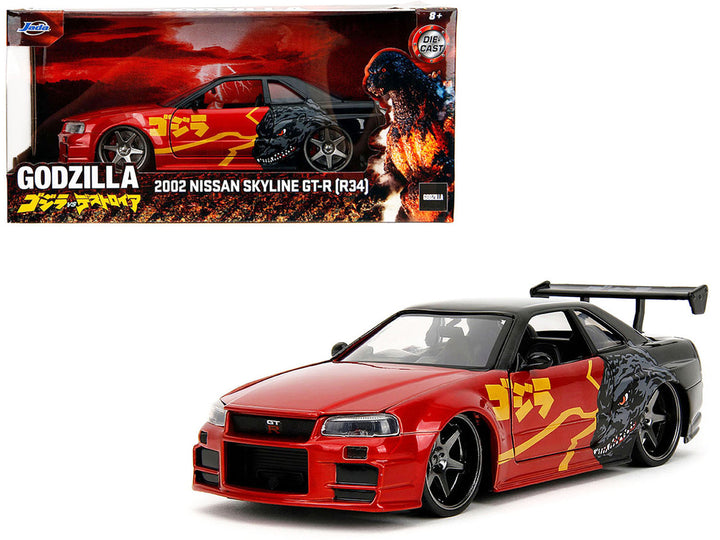 2002 Nissan Skyline GT-R (R34) RHD (Right Hand Drive) Red Metallic and Black "Godzilla vs. Destoroyah" (1995) Movie "Hollywood Rides" Series 1/24 Diecast Model Car by Jada-0