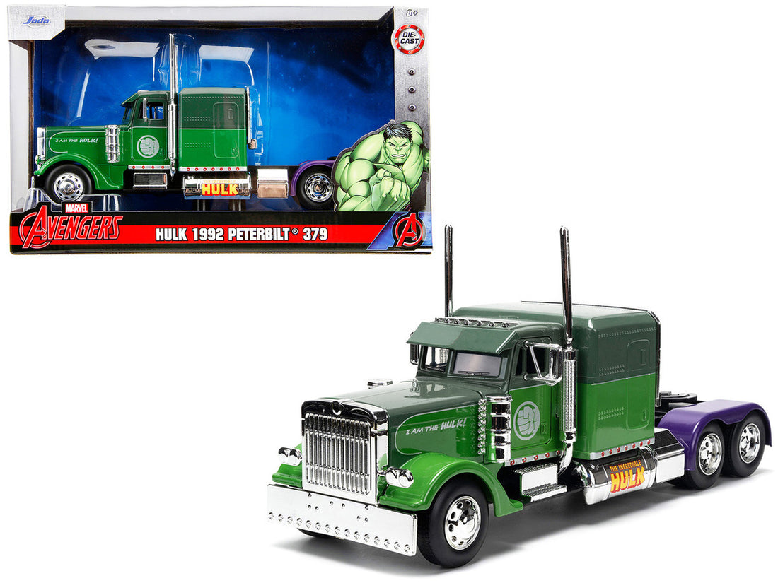 1992 Peterbilt 379 Truck Tractor Green Two-Tone and Purple "The Incredible Hulk" "Marvel Avengers" Series Diecast Model by Jada-0