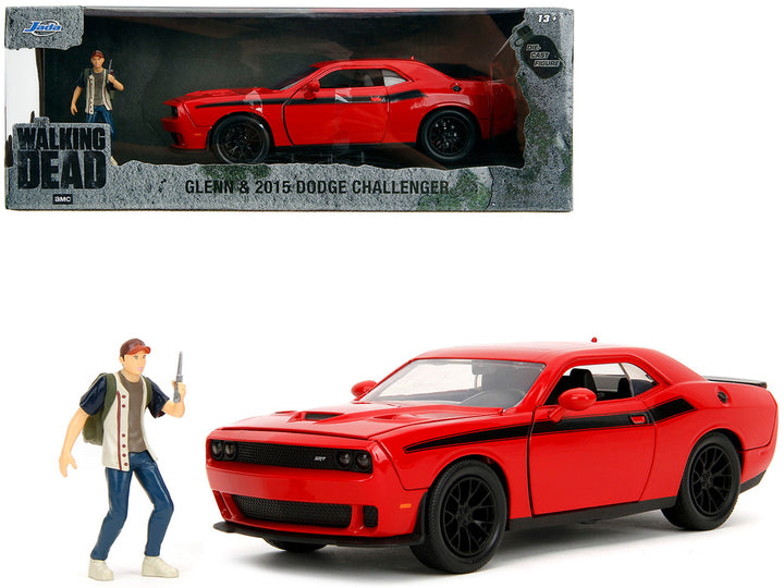 2015 Dodge Challenger Red with Black Stripes and Glenn Diecast Figure "The Walking Dead" (2010-2022) TV Series "Hollywood Rides" Series 1/24 Diecast Model Car by Jada-0