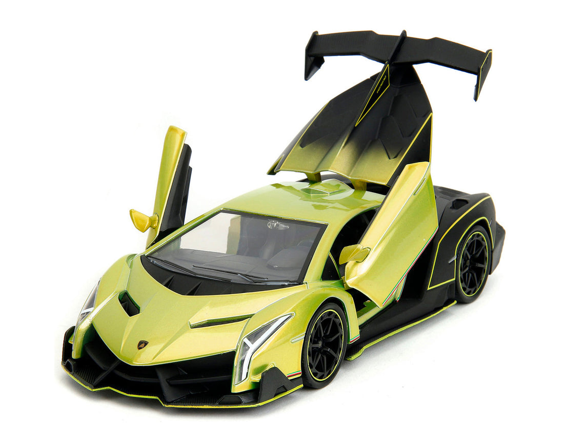 Lamborghini Veneno Lime Green Metallic and Matt Black "Pink Slips" Series 1/24 Diecast Model Car by Jada-1