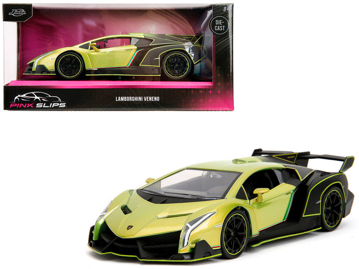 Lamborghini Veneno Lime Green Metallic and Matt Black "Pink Slips" Series 1/24 Diecast Model Car by Jada-0