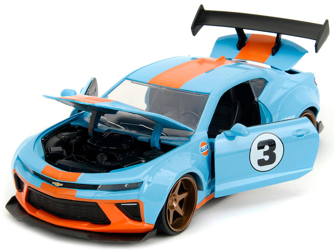 2016 Chevrolet Camaro Widebody #3 Light Blue with Orange Stripes "Gulf Oil" "Wide Body" Series 1/24 Diecast Model Car by Jada-1