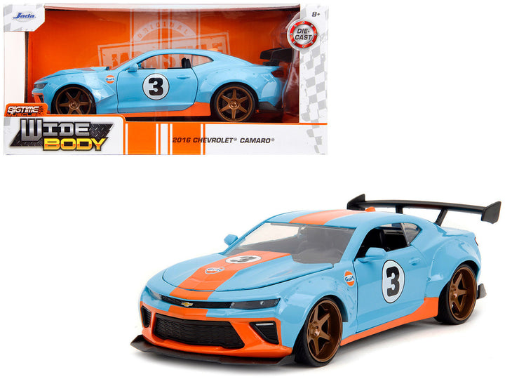 2016 Chevrolet Camaro Widebody #3 Light Blue with Orange Stripes "Gulf Oil" "Wide Body" Series 1/24 Diecast Model Car by Jada-0