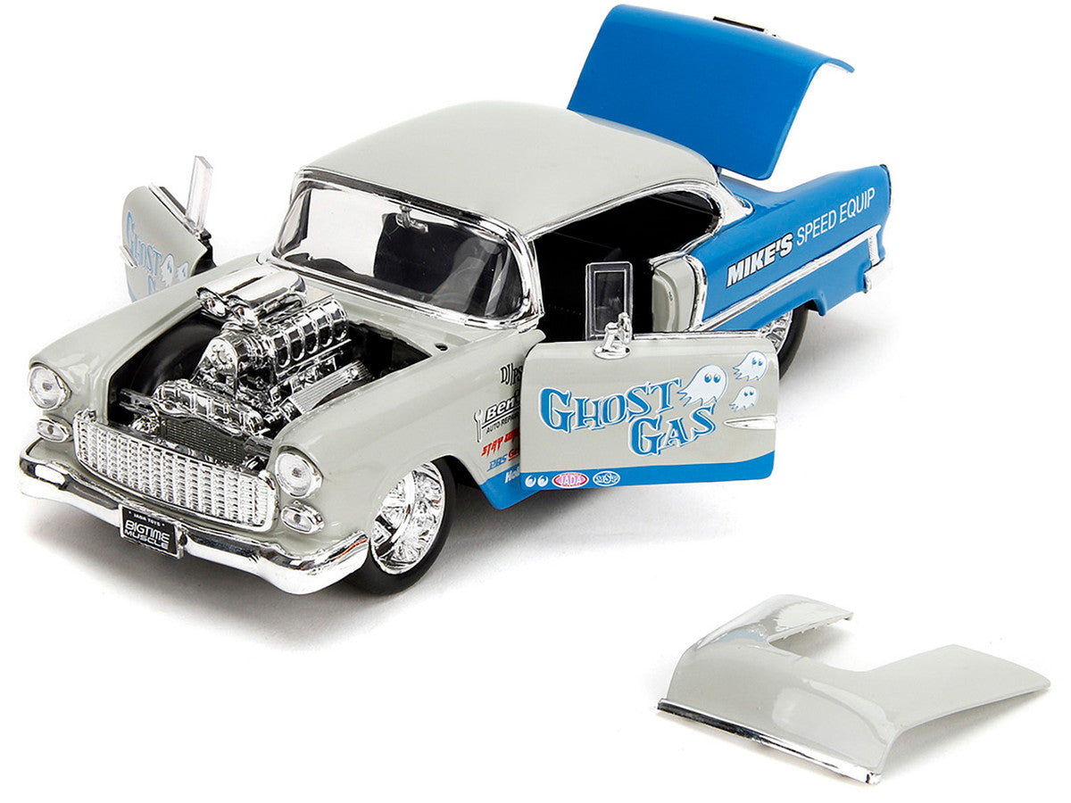 1955 Chevrolet Bel Air "Ghost Gas - Mike's Speed Equip" Light Gray and Blue "Bigtime Muscle" Series 1/24 Diecast Model Car by Jada-2