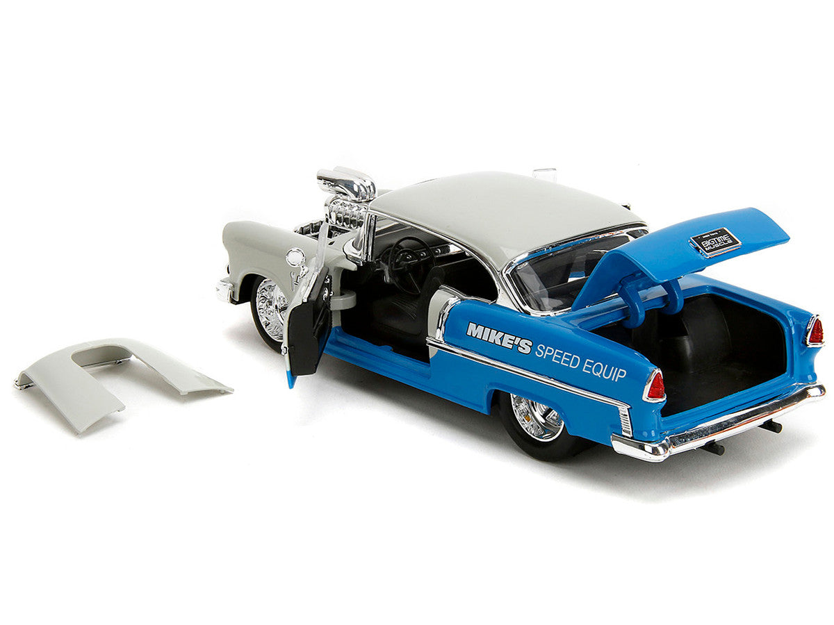 1955 Chevrolet Bel Air "Ghost Gas - Mike's Speed Equip" Light Gray and Blue "Bigtime Muscle" Series 1/24 Diecast Model Car by Jada-1