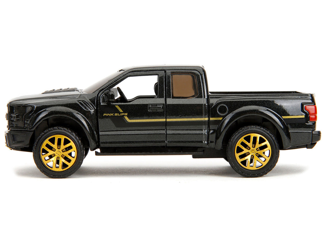 2017 Ford F-150 Raptor Pickup Truck Black Metallic with Gold Stripes "Pink Slips" Series 1/32 Diecast Model Car by Jada-2