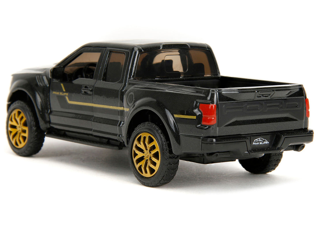 2017 Ford F-150 Raptor Pickup Truck Black Metallic with Gold Stripes "Pink Slips" Series 1/32 Diecast Model Car by Jada-4