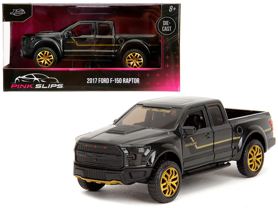 2017 Ford F-150 Raptor Pickup Truck Black Metallic with Gold Stripes "Pink Slips" Series 1/32 Diecast Model Car by Jada-0