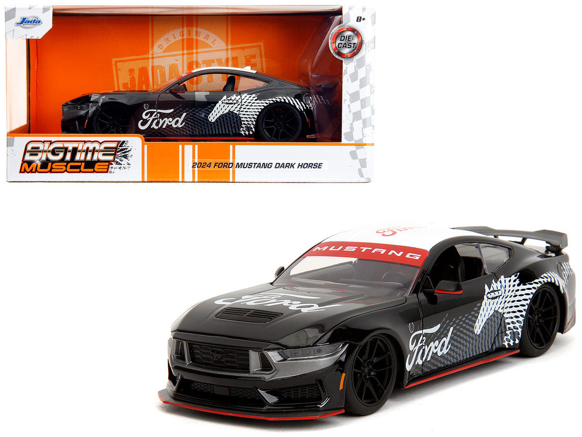2024 Ford Mustang Dark Horse Black with White Top and "Mustang Horse Graphics" "Bigtime Muscle" Series 1/24 Diecast Model Car by Jada-0