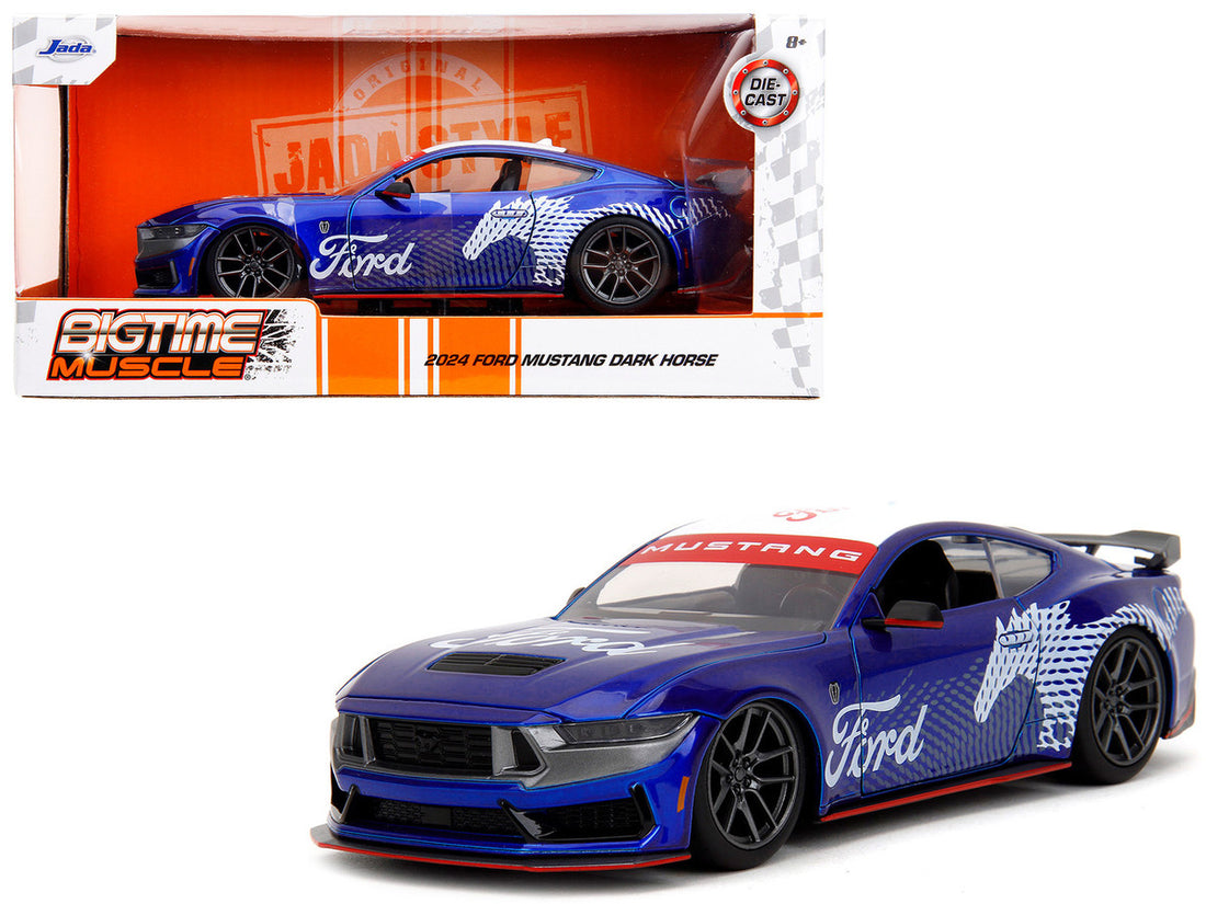 2024 Ford Mustang Dark Horse Candy Blue with White Top and "Mustang Horse Graphics" "Bigtime Muscle" Series 1/24 Diecast Model Car by Jada-0