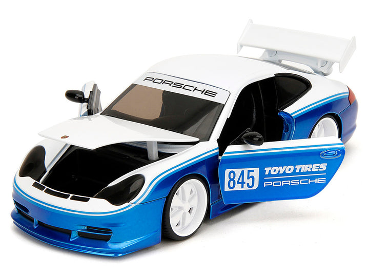 Porsche 911 GT3 RS (996) #845 White and Blue Metallic "Toyo Tires" "Hyper-Spec" Series 1/24 Diecast Model Car by Jada-1