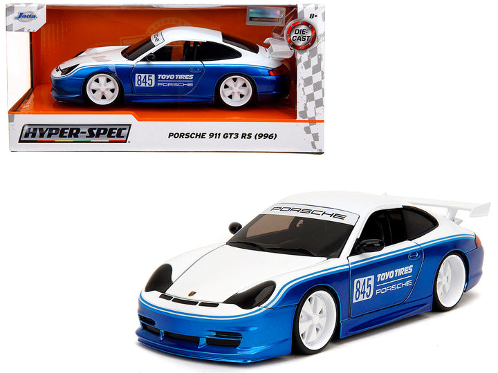 Porsche 911 GT3 RS (996) #845 White and Blue Metallic "Toyo Tires" "Hyper-Spec" Series 1/24 Diecast Model Car by Jada-0
