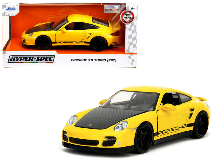 Porsche 911 Turbo (997) Yellow with Carbon Hood "Hyper-Spec" Series 1/24 Diecast Model Car by Jada-0