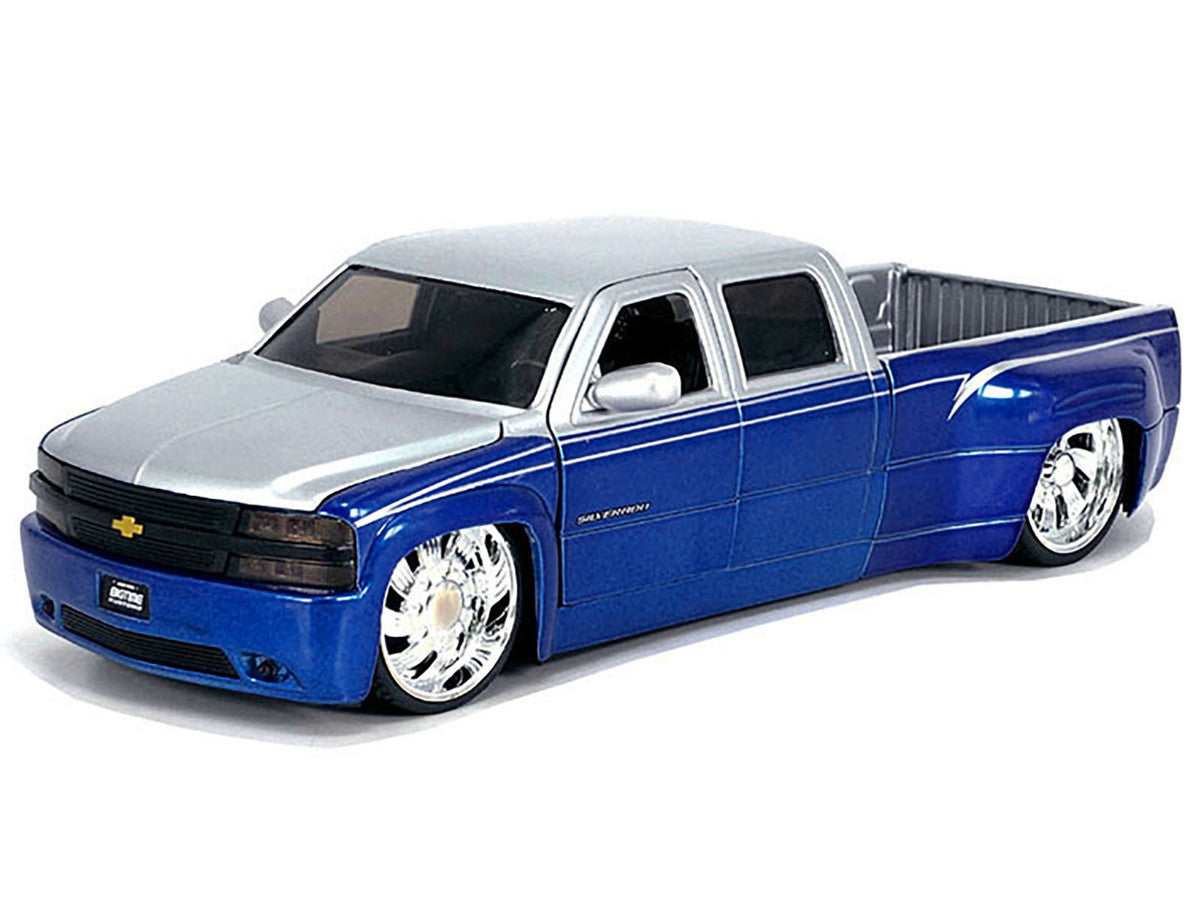 1999 Chevrolet Silverado Dually Pickup Truck Blue Metallic and Silver with Custom KMC Wheels "Just Trucks" Series 1/24 Diecast Model Car by Jada-1