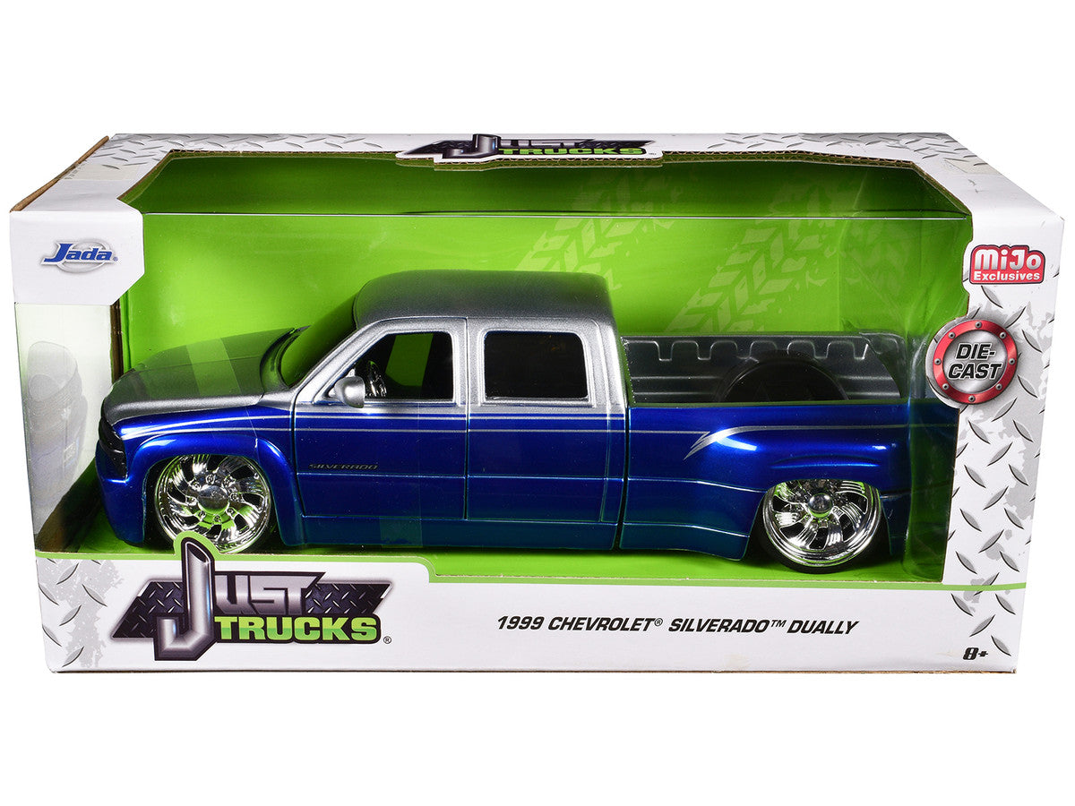 1999 Chevrolet Silverado Dually Pickup Truck Blue Metallic and Silver with Custom KMC Wheels "Just Trucks" Series 1/24 Diecast Model Car by Jada-2