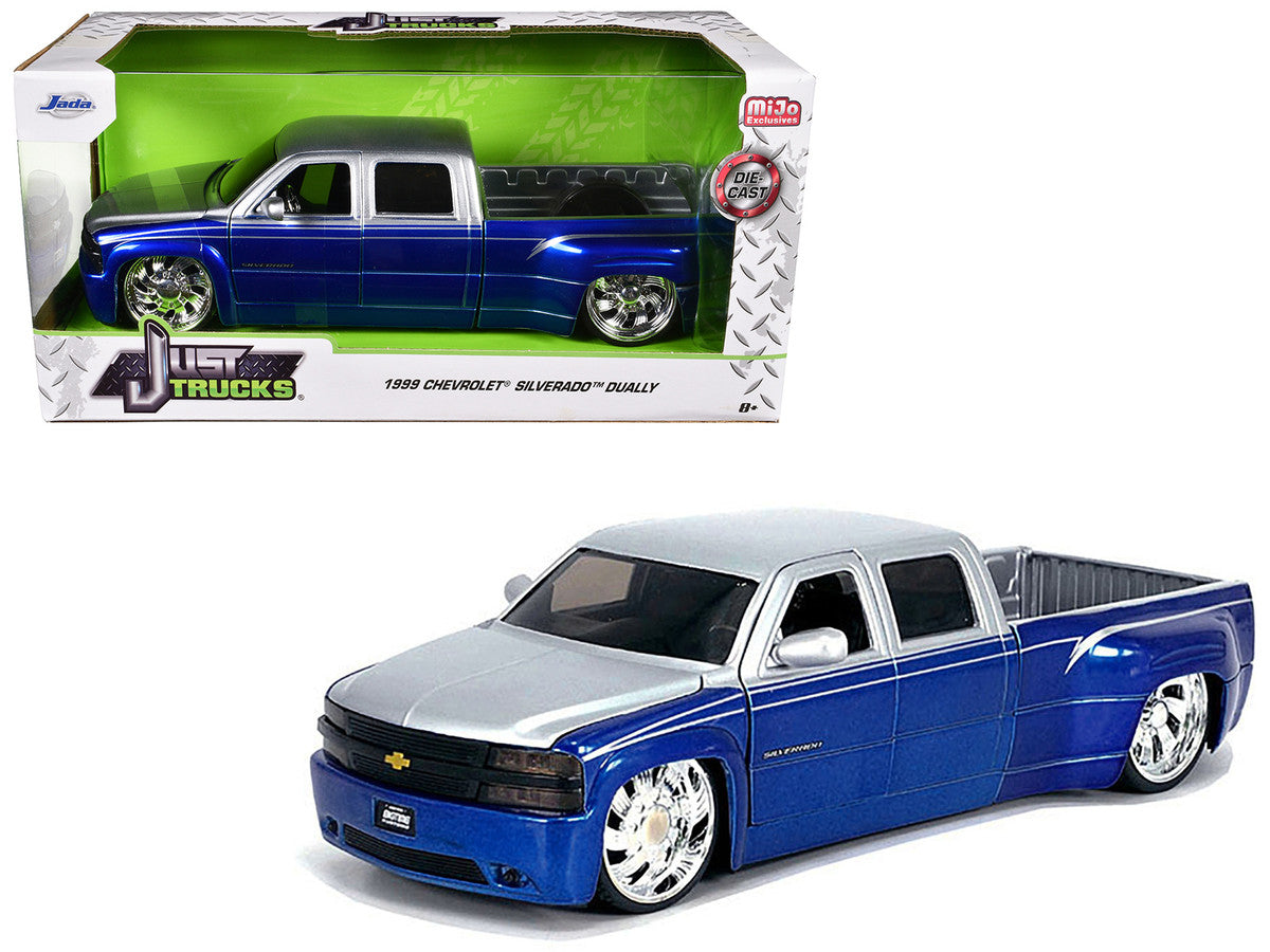 1999 Chevrolet Silverado Dually Pickup Truck Blue Metallic and Silver with Custom KMC Wheels "Just Trucks" Series 1/24 Diecast Model Car by Jada-0