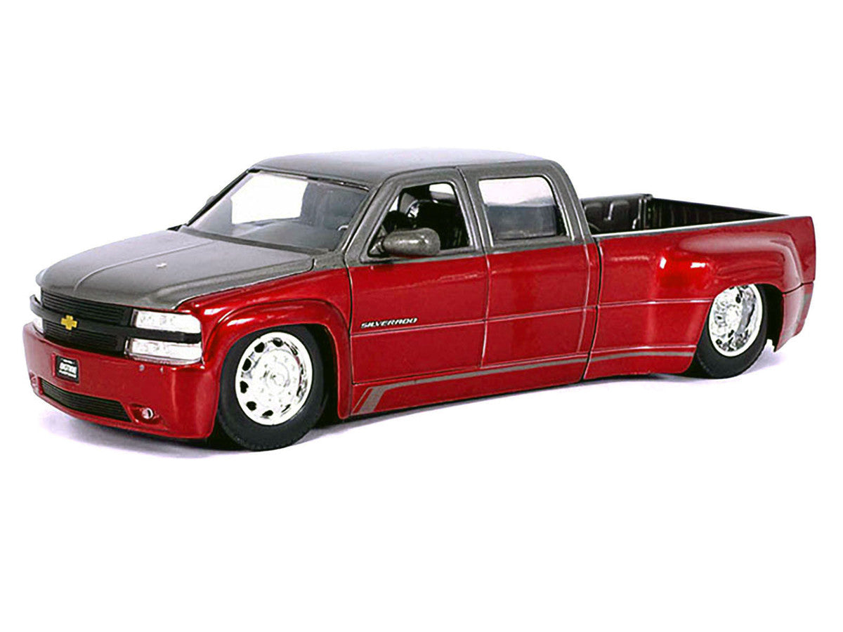 1999 Chevrolet Silverado Dually Pickup Truck Red Metallic and Gray with Stock Wheels "Just Trucks" Series 1/24 Diecast Model Car by Jada-1