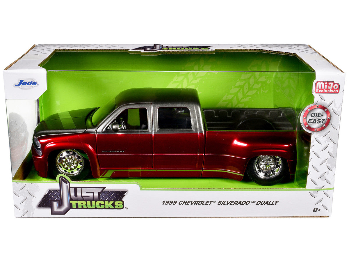 1999 Chevrolet Silverado Dually Pickup Truck Red Metallic and Gray with Stock Wheels "Just Trucks" Series 1/24 Diecast Model Car by Jada-2