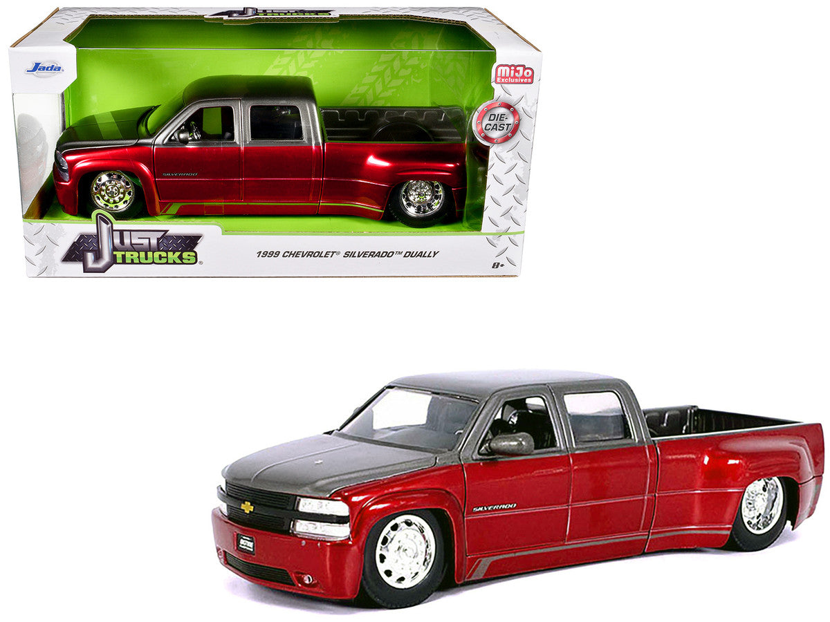 1999 Chevrolet Silverado Dually Pickup Truck Red Metallic and Gray with Stock Wheels "Just Trucks" Series 1/24 Diecast Model Car by Jada-0