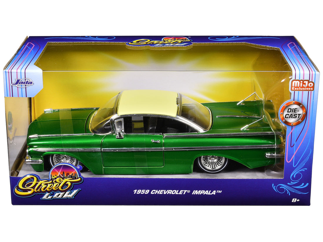 1959 Chevrolet Impala Lowrider Green Metallic with Cream Top and Wire Wheels "Street Low" Series 1/24 Diecast Model Car by Jada-1