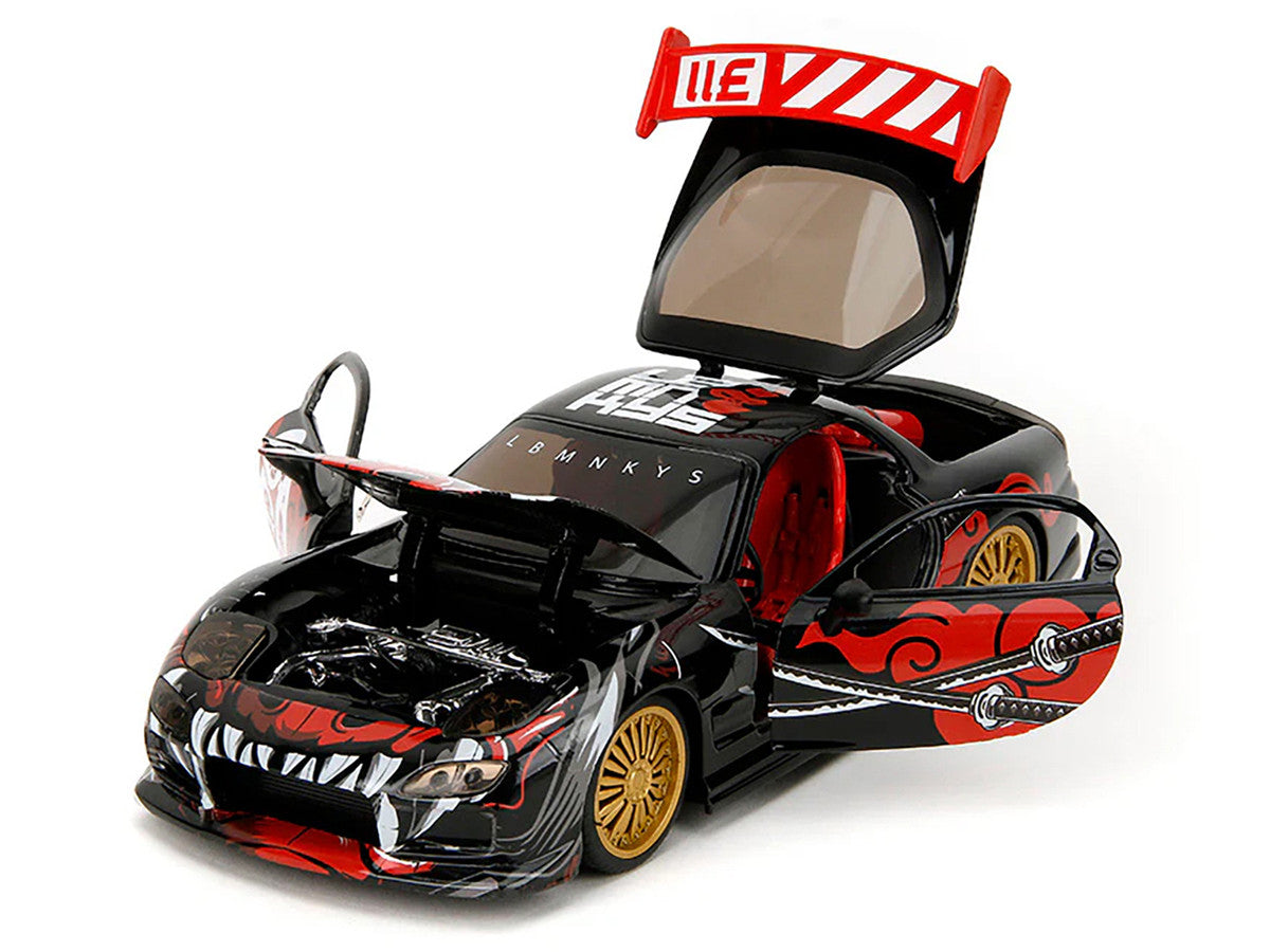 1993 Mazda RX-7 Black with Graphics "Lab Monkeys" with Saru Diecast Figure "Hollywood Rides" Series 1/24 Diecast Model Car by Jada-1