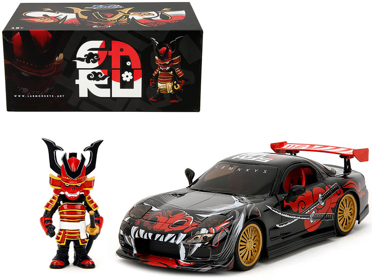 1993 Mazda RX-7 Black with Graphics "Lab Monkeys" with Saru Diecast Figure "Hollywood Rides" Series 1/24 Diecast Model Car by Jada-0