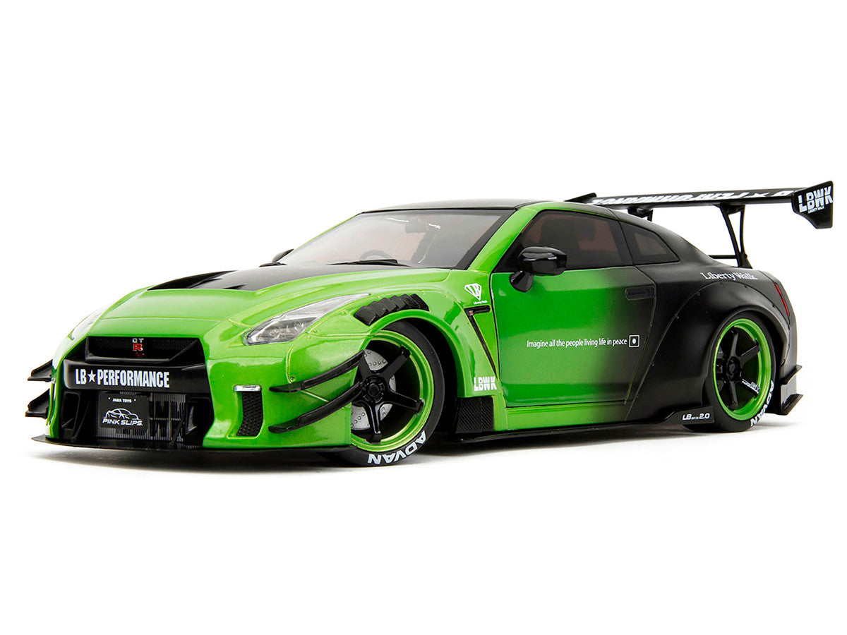 Nissan GT-R (R35) Liberty Walk Body Kit 2.0 RHD (Right Hand Drive) Green and Matt Black "Pink Slips" Series 1/18 Diecast Model Car by Jada