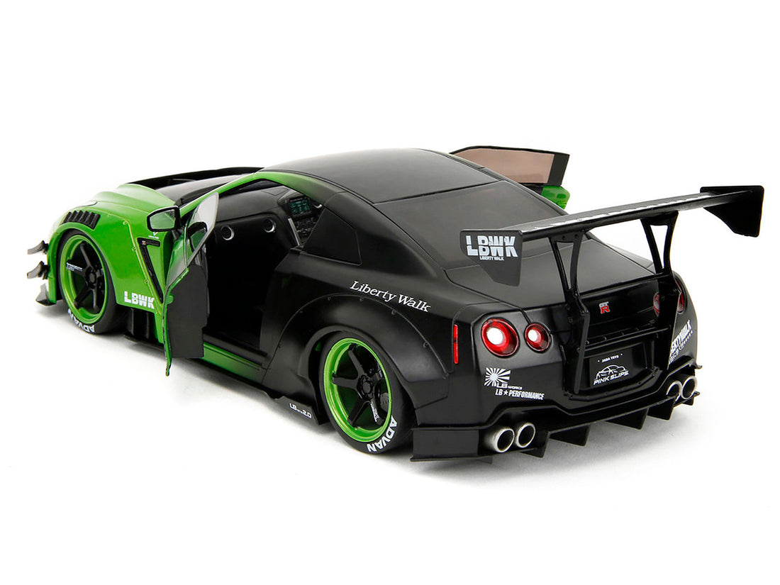 Nissan GT-R (R35) Liberty Walk Body Kit 2.0 RHD (Right Hand Drive) Green and Matt Black "Pink Slips" Series 1/18 Diecast Model Car by Jada