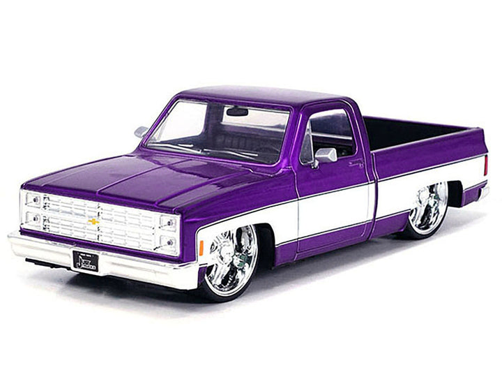 1985 Chevrolet C-10 Pickup Truck Purple Metallic and White with Lorenzo Wheels "Just Trucks" Series 1/24 Diecast Model Car by Jada-0