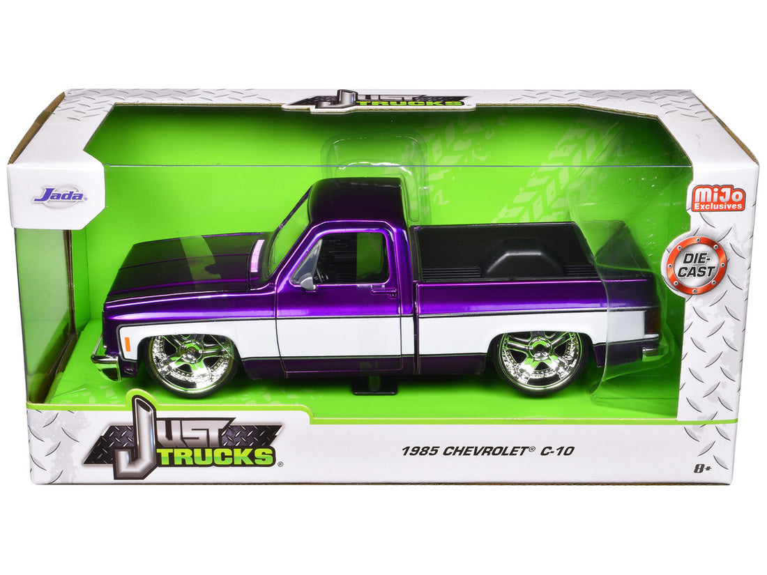 1985 Chevrolet C-10 Pickup Truck Purple Metallic and White with Lorenzo Wheels "Just Trucks" Series 1/24 Diecast Model Car by Jada-1