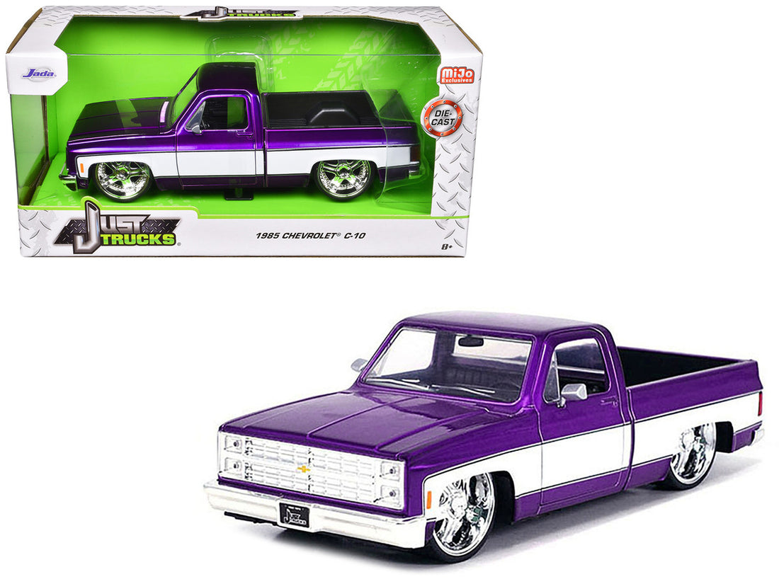 1985 Chevrolet C-10 Pickup Truck Purple Metallic and White with Lorenzo Wheels "Just Trucks" Series 1/24 Diecast Model Car by Jada-2