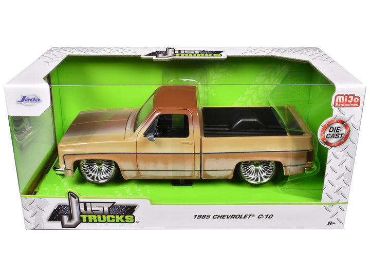 1985 Chevrolet C-10 Pickup Truck Yellow with Brown Top (Rusted) and Daytona Wire Wheels "Just Trucks" Series 1/24 Diecast Model Car by Jada-1