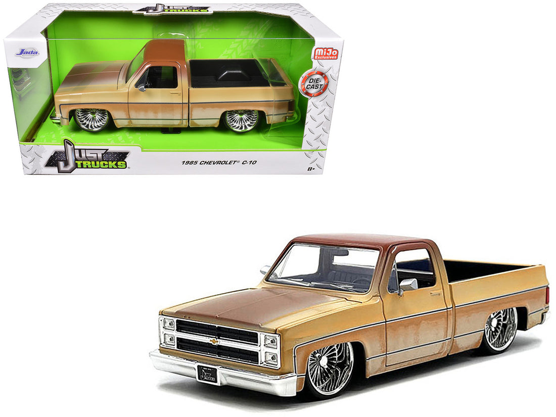 1985 Chevrolet C-10 Pickup Truck Yellow with Brown Top (Rusted) and Daytona Wire Wheels "Just Trucks" Series 1/24 Diecast Model Car by Jada-2