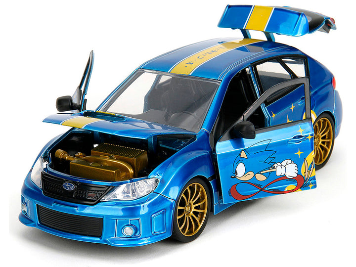 2012 Subaru Impreza WRX STI Blue Metallic with Graphics and Sonic The Hedgehog Diecast Figure "Sonic The Hedgehog" "Hollywood Rides" Series 1/24 Diecast Model Car by Jada-1