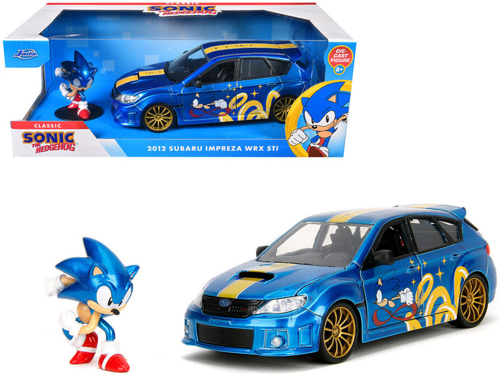 2012 Subaru Impreza WRX STI Blue Metallic with Graphics and Sonic The Hedgehog Diecast Figure "Sonic The Hedgehog" "Hollywood Rides" Series 1/24 Diecast Model Car by Jada-0