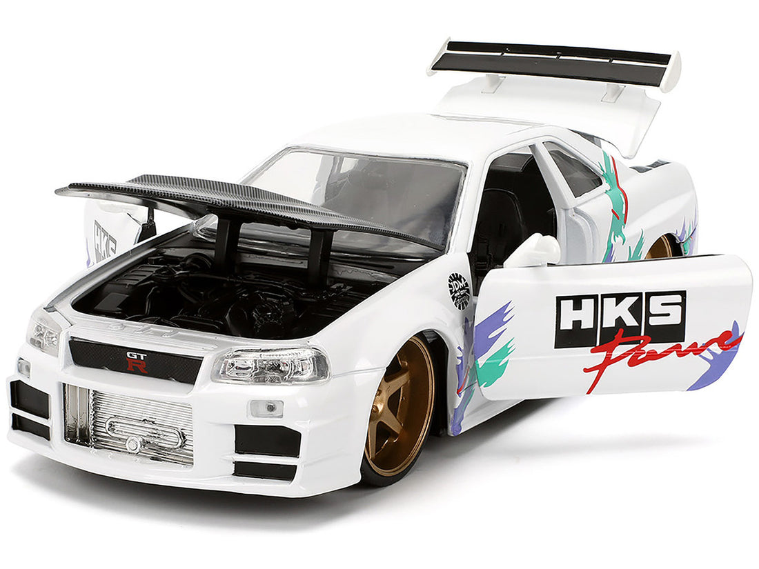 2002 Nissan Skyline GT-R (R34) RHD (Right Hand Drive) "HKS Power" White with Carbon Hood and Graphics "JDM Tuners" Series 1/24 Diecast Model Car by Jada-2