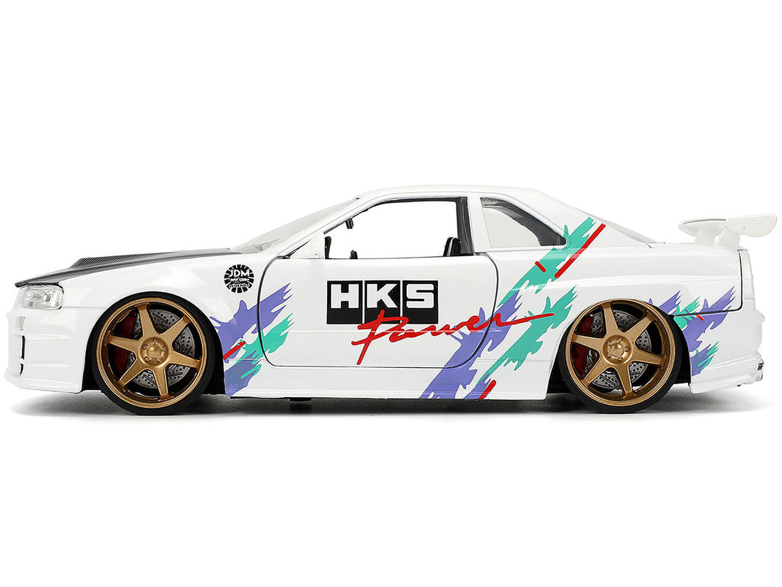 2002 Nissan Skyline GT-R (R34) RHD (Right Hand Drive) "HKS Power" White with Carbon Hood and Graphics "JDM Tuners" Series 1/24 Diecast Model Car by Jada-0