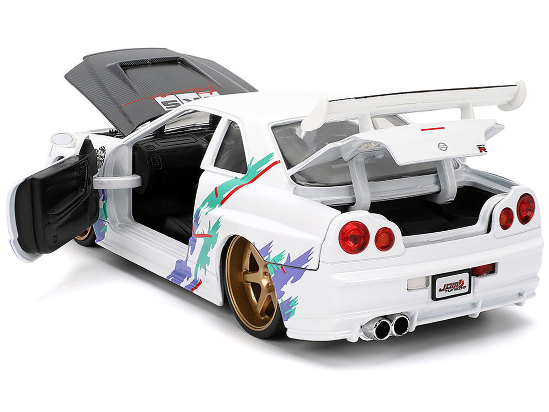 2002 Nissan Skyline GT-R (R34) RHD (Right Hand Drive) "HKS Power" White with Carbon Hood and Graphics "JDM Tuners" Series 1/24 Diecast Model Car by Jada-3