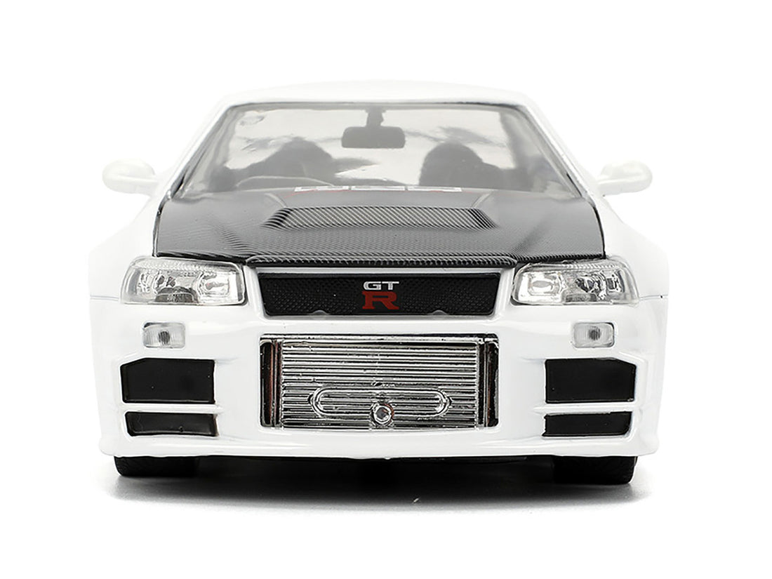 2002 Nissan Skyline GT-R (R34) RHD (Right Hand Drive) "HKS Power" White with Carbon Hood and Graphics "JDM Tuners" Series 1/24 Diecast Model Car by Jada-1