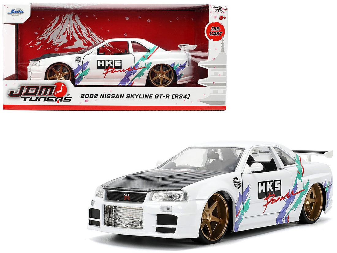 2002 Nissan Skyline GT-R (R34) RHD (Right Hand Drive) "HKS Power" White with Carbon Hood and Graphics "JDM Tuners" Series 1/24 Diecast Model Car by Jada-4