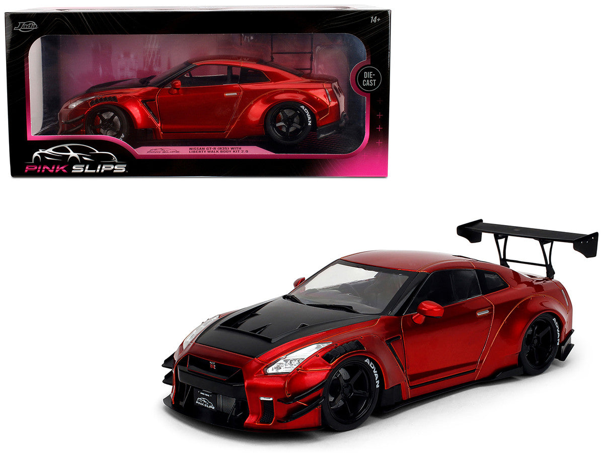 Nissan GT-R (R35) Liberty Walk Body Kit 2.0 RHD (Right Hand Drive) Red Metallic with Carbon Hood "Pink Slips" Series 1/18 Diecast Model Car by Jada