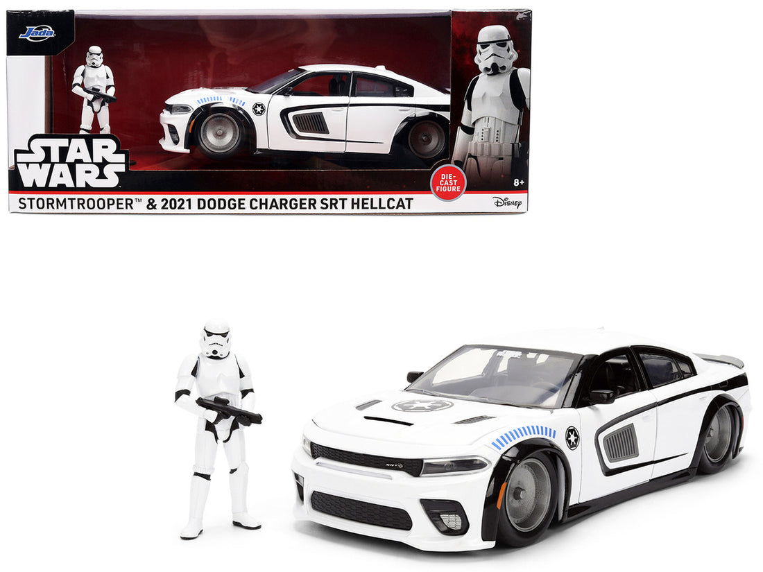 Dodge Charger 2021 SRT Hellcat White with Graphics and Stormtrooper Figure "Star Wars" Franchise "Hollywood Rides" Series 1/24 Diecast Model Car by Jada