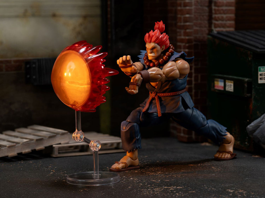 Akuma 6-inch Street Fighter action figure posed with fireball effect accessory