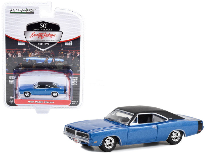 1969 Dodge Charger Blue Metallic with Black Vinyl Top and Tail Stripe (Lot #465.1) Barrett Jackson "Scottsdale Edition" Series 11 1/64 Diecast Model Car by Greenlight-0