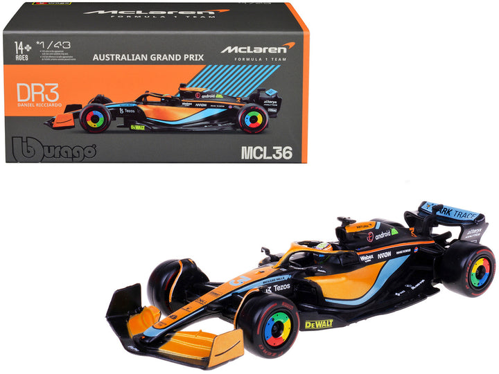 McLaren MCL36 #3 Daniel Ricciardo Formula One F1 "Australian GP" (2022) with Display Case 1/43 Diecast Model Car by Bburago-0