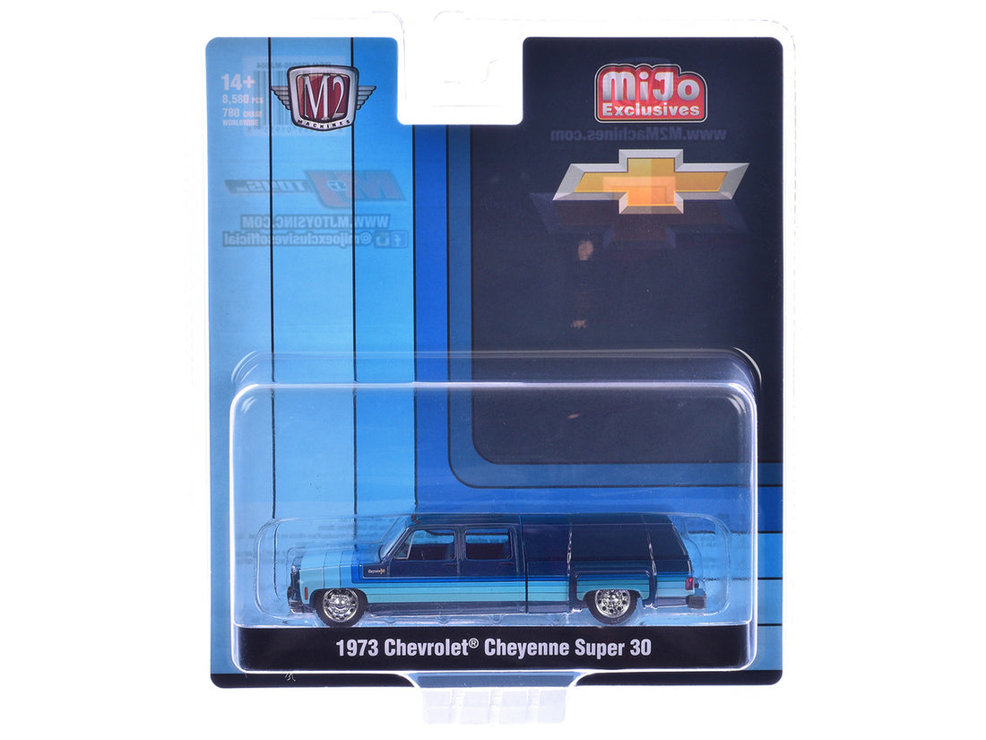1973 Chevrolet Cheyenne Super 30 Pickup Truck with Camper Shell Blue with Stripes Limited Edition to 8500 pieces Worldwide 1/64 Diecast Model Car by M2 Machines-1