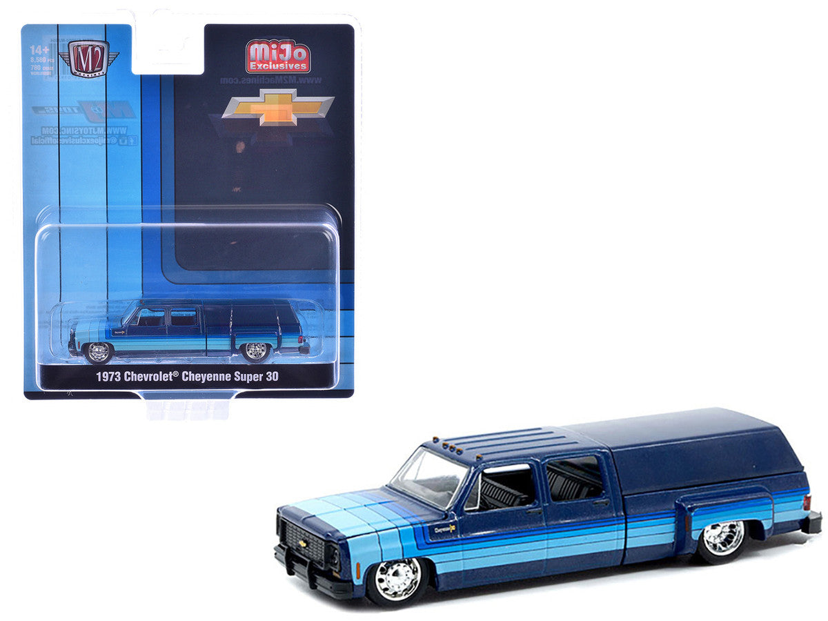 1973 Chevrolet Cheyenne Super 30 Pickup Truck with Camper Shell Blue with Stripes Limited Edition to 8500 pieces Worldwide 1/64 Diecast Model Car by M2 Machines-2
