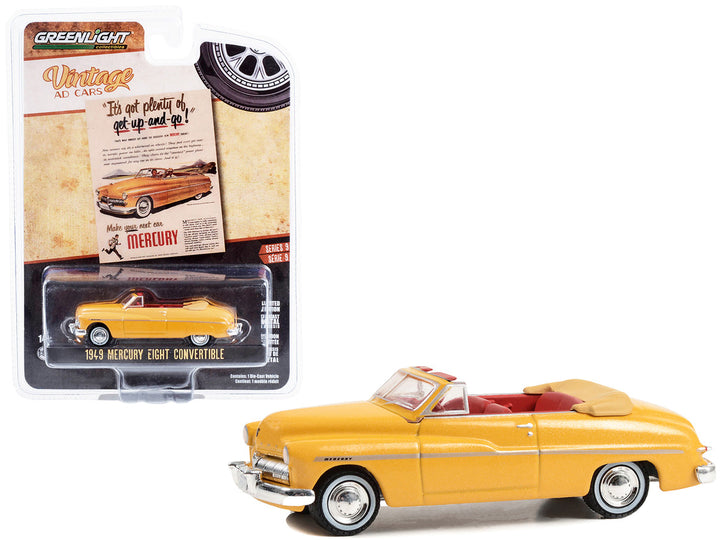 1949 Mercury Eight Convertible Yellow Metallic with Red Interior "It’s Got Plenty Of Get-Up-And-Go!" "Vintage Ad Cars" Series 9 1/64 Diecast Model Car by Greenlight-0