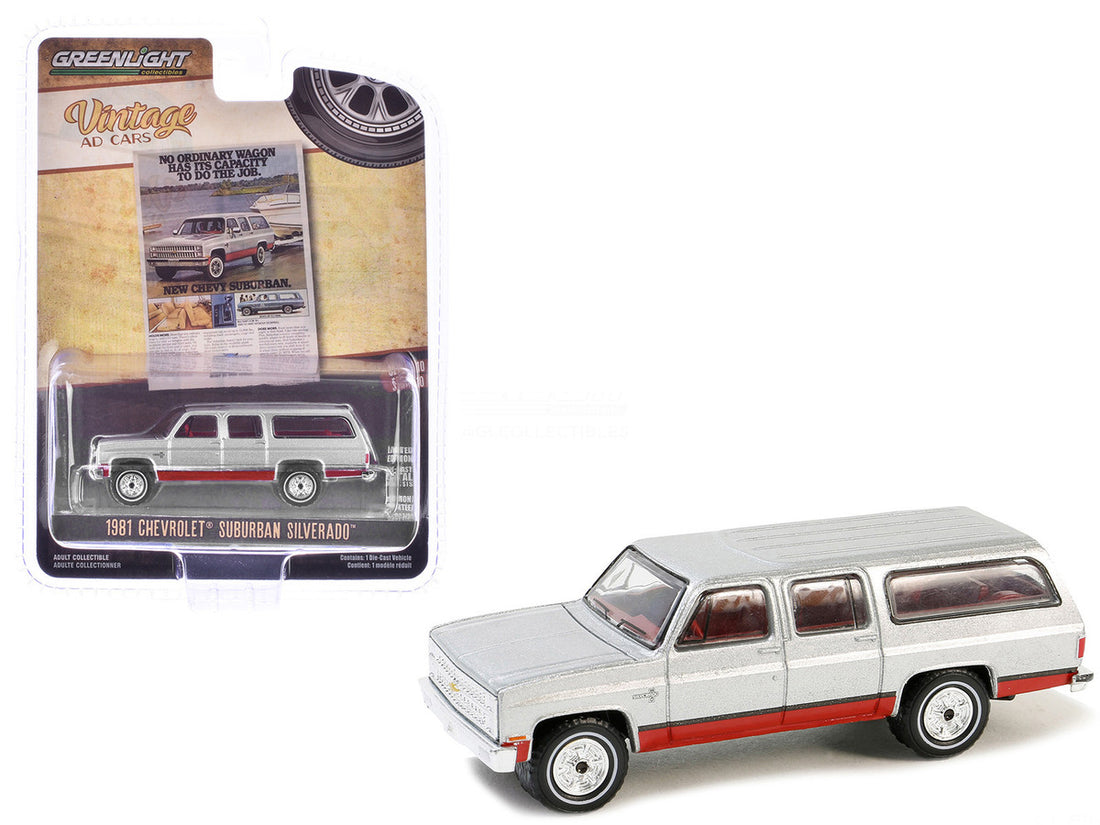 1981 Chevrolet Suburban Silver Metallic and Red "Vintage Ad Cars" Series 10 1/64 Diecast Model Car by Greenlight-2